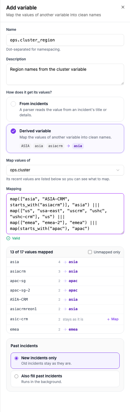 The Add variable panel. Derived variable is selected, the variable to map is ops.cluster, and the mapping holds four map functions. The check under the box says Valid. Below it, 13 of 18 recent values are mapped, each shown with its result.