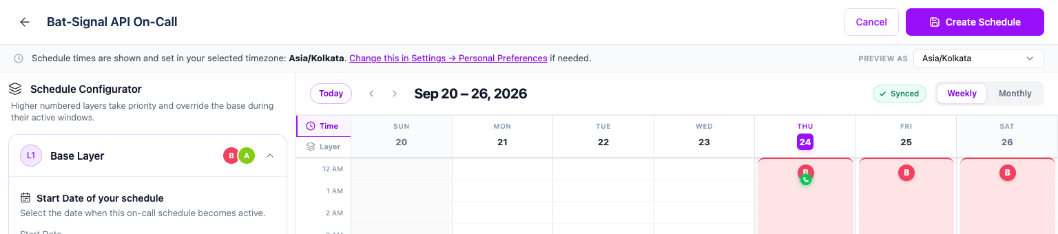 The schedule editor with a base layer and two rotating members added