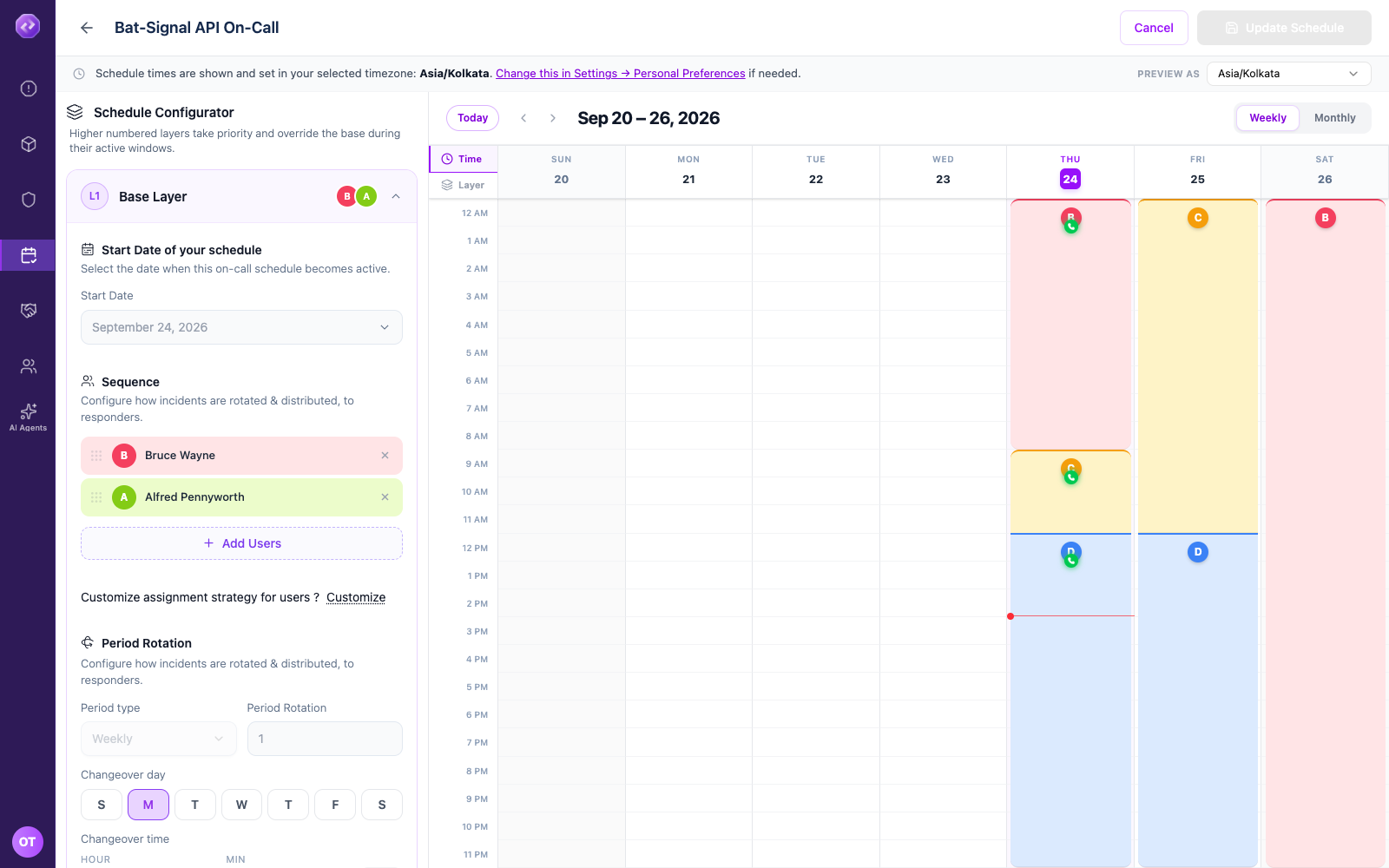 The schedule editor showing a base layer with two rotating members, alongside the weekly calendar