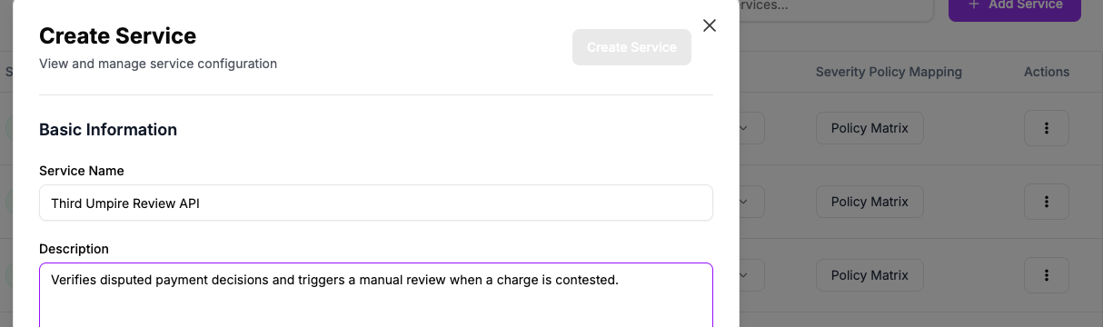 The Basic Information section of the Create Service dialog