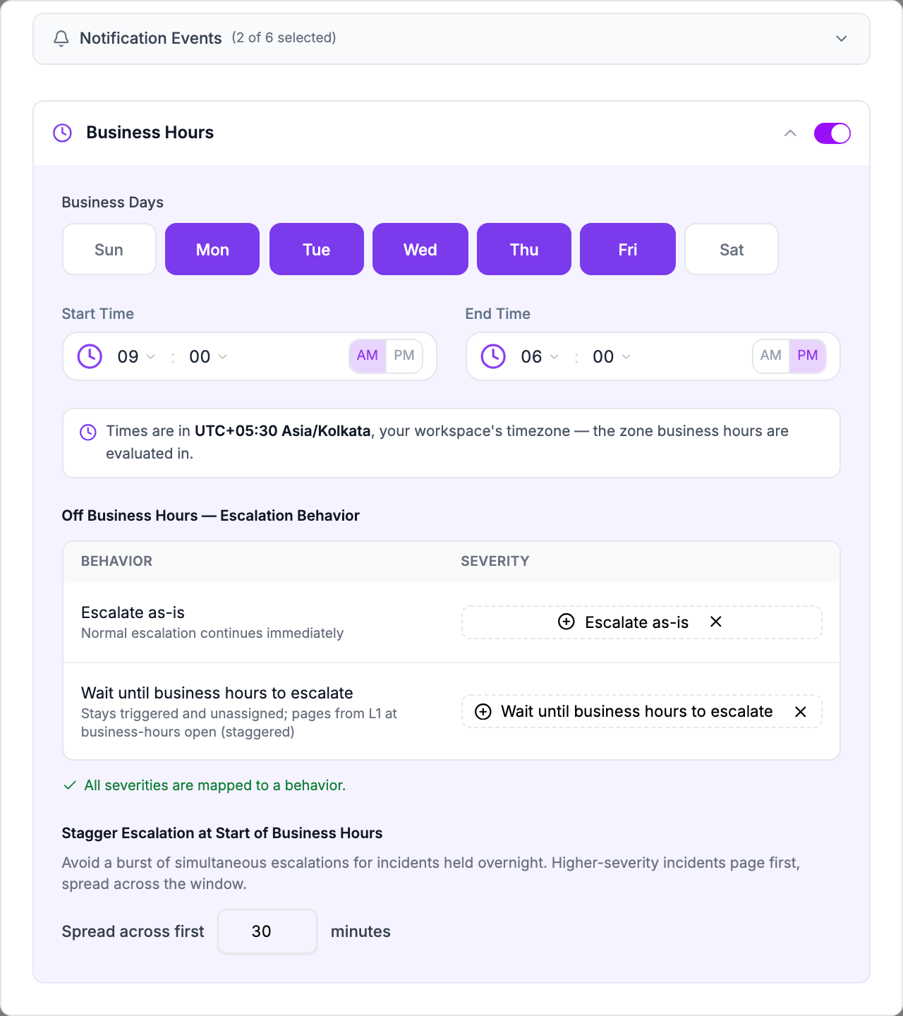 The Business Hours section of Owl Post Worker, switched on, with Monday to Friday selected, 09:00 AM to 06:00 PM, the time zone note, the escalation behavior table, and a 30-minute stagger