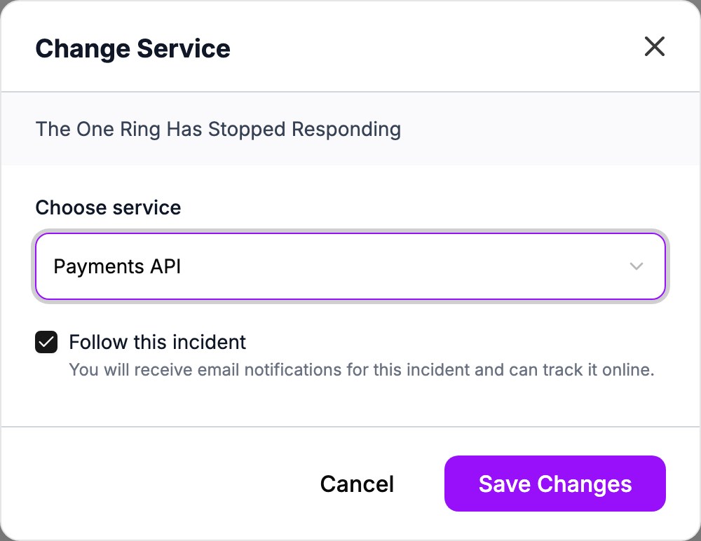 The Change Service dialog with Payments API selected and Follow this incident checked