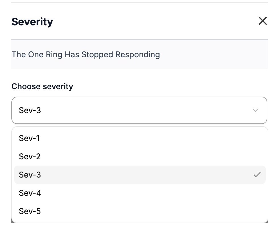 The Severity dialog with the severity list open and Sev-3 selected