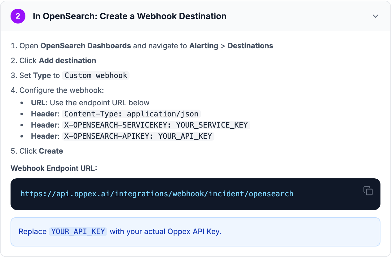 Step 2 of the in-app guide, In OpenSearch: Create a Webhook Destination, listing the URL and the three headers to set