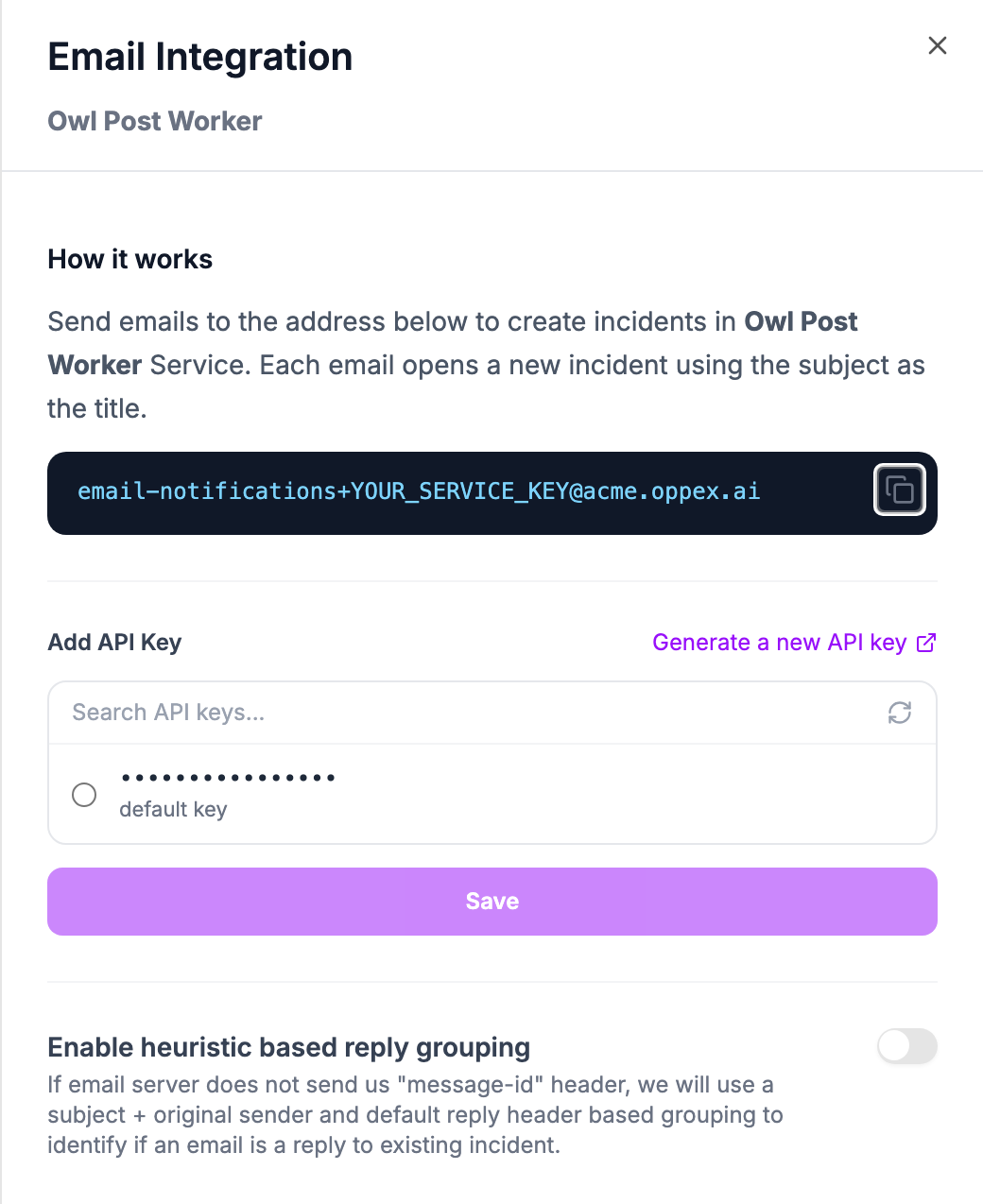 The Email Integration panel for the Owl Post Worker service, showing the service's email address, the Add API Key list with one key, the Save button, and the Enable heuristic based reply grouping switch