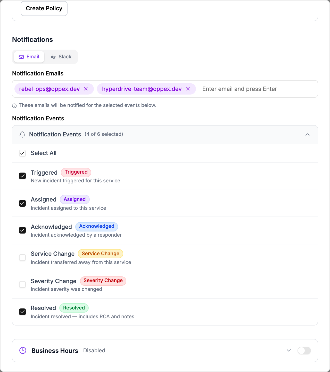 The Email tab of Millennium Falcon Worker with rebel-ops@oppex.dev and hyperdrive-team@oppex.dev added, and Triggered, Assigned, Acknowledged, and Resolved ticked under Notification Events
