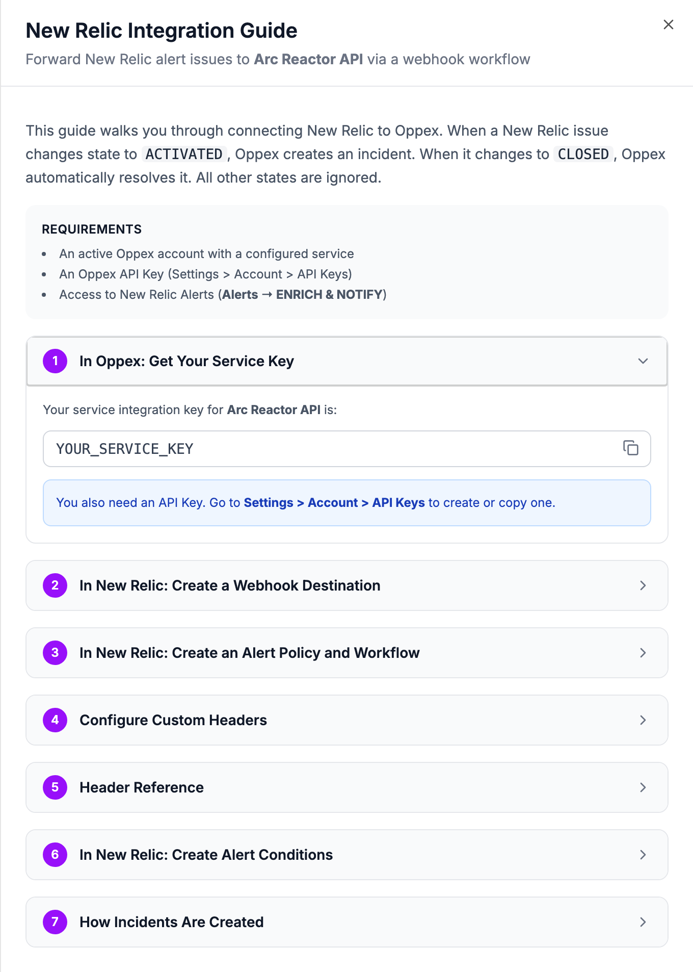 The New Relic Integration Guide for the Arc Reactor API service, open at step 1 with the service integration key field and a copy button, followed by the six remaining steps