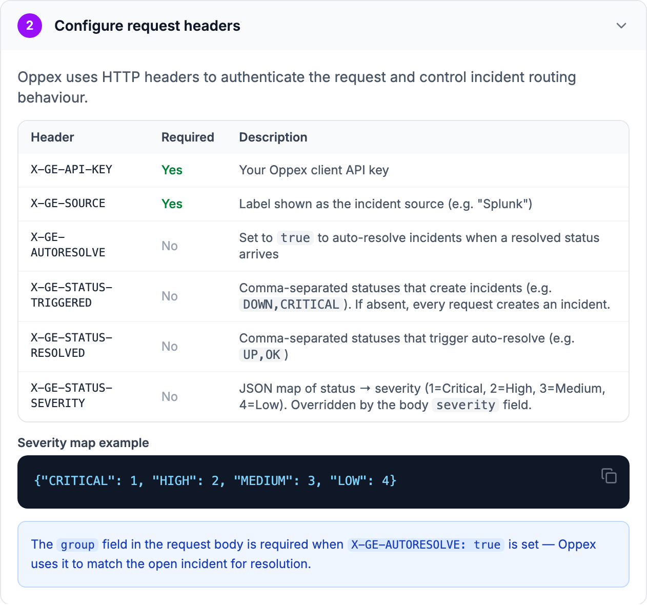 Step 2 of the in-app guide, Configure request headers, listing the six headers, a severity map example, and a note that the group field is required for auto-resolve