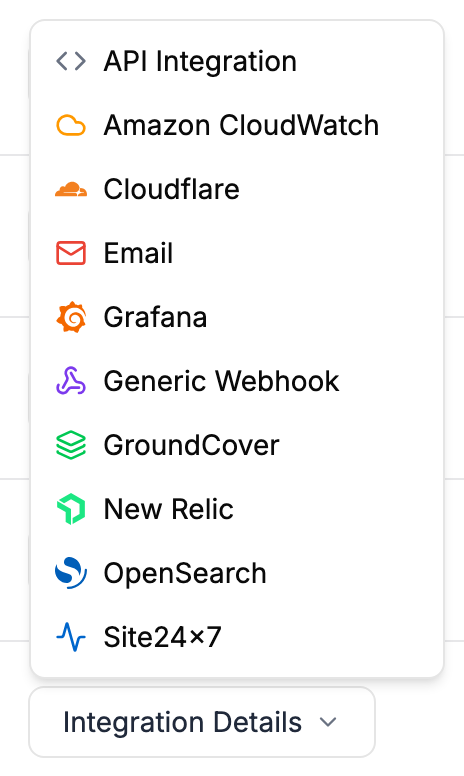 The Integration Details menu of a service, listing API Integration, Amazon CloudWatch, Cloudflare, Email, Grafana, Generic Webhook, GroundCover, New Relic, OpenSearch and Site24x7