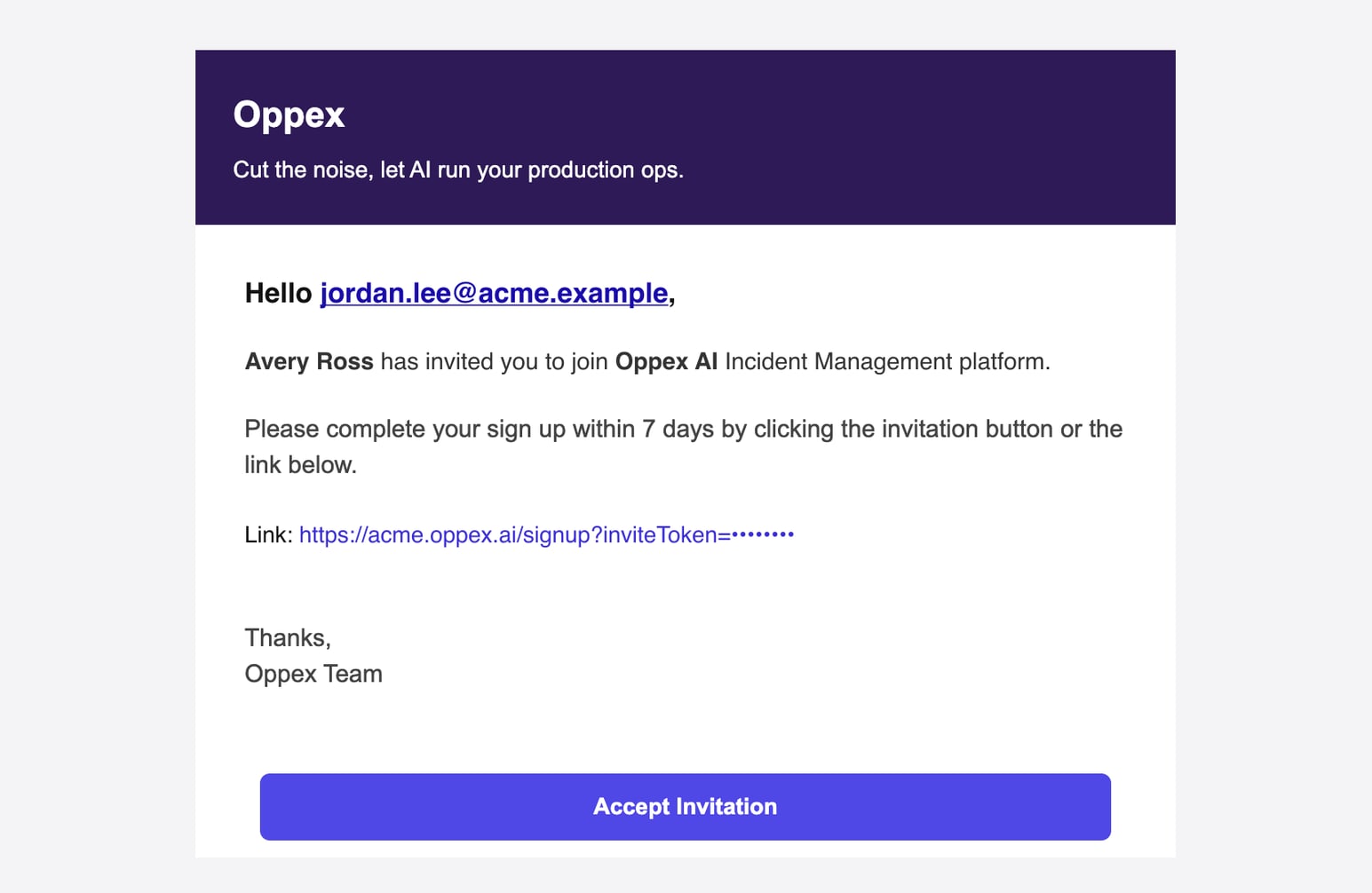 The invitation email. It greets the invited address, names the colleague who sent the invitation, asks you to complete signup within 7 days, and shows the signup link and the Accept Invitation button. The link's token is hidden in this example.