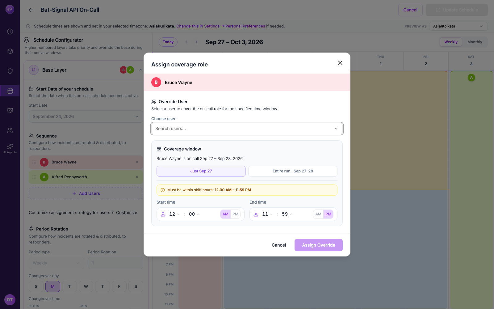 The Assign coverage role dialog with Just this date selected and a custom time window