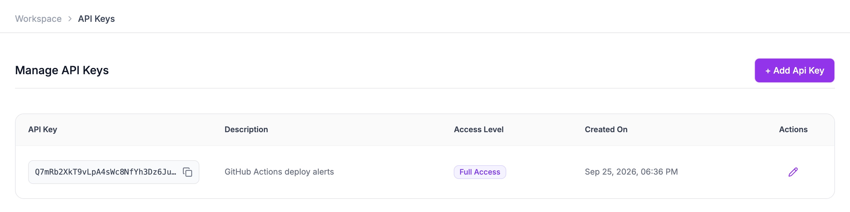 The Manage API Keys page, with one key described as GitHub Actions deploy alerts