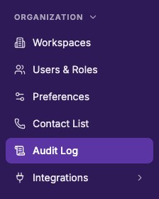 The Organization group in the Settings menu, with Audit Log highlighted