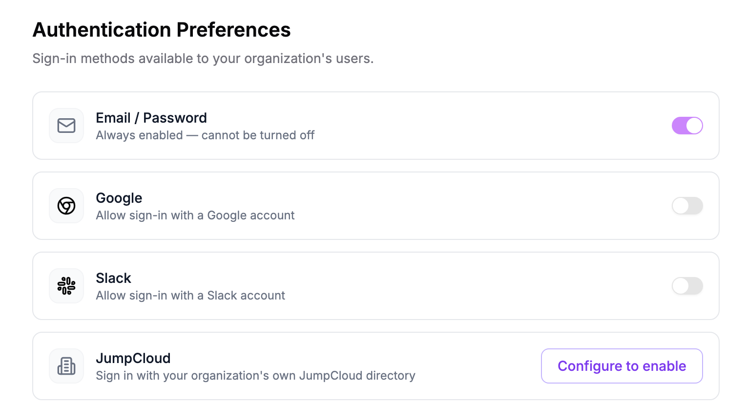 Authentication Preferences showing Email / Password always on, Google and Slack switches, and JumpCloud with a Configure to enable button