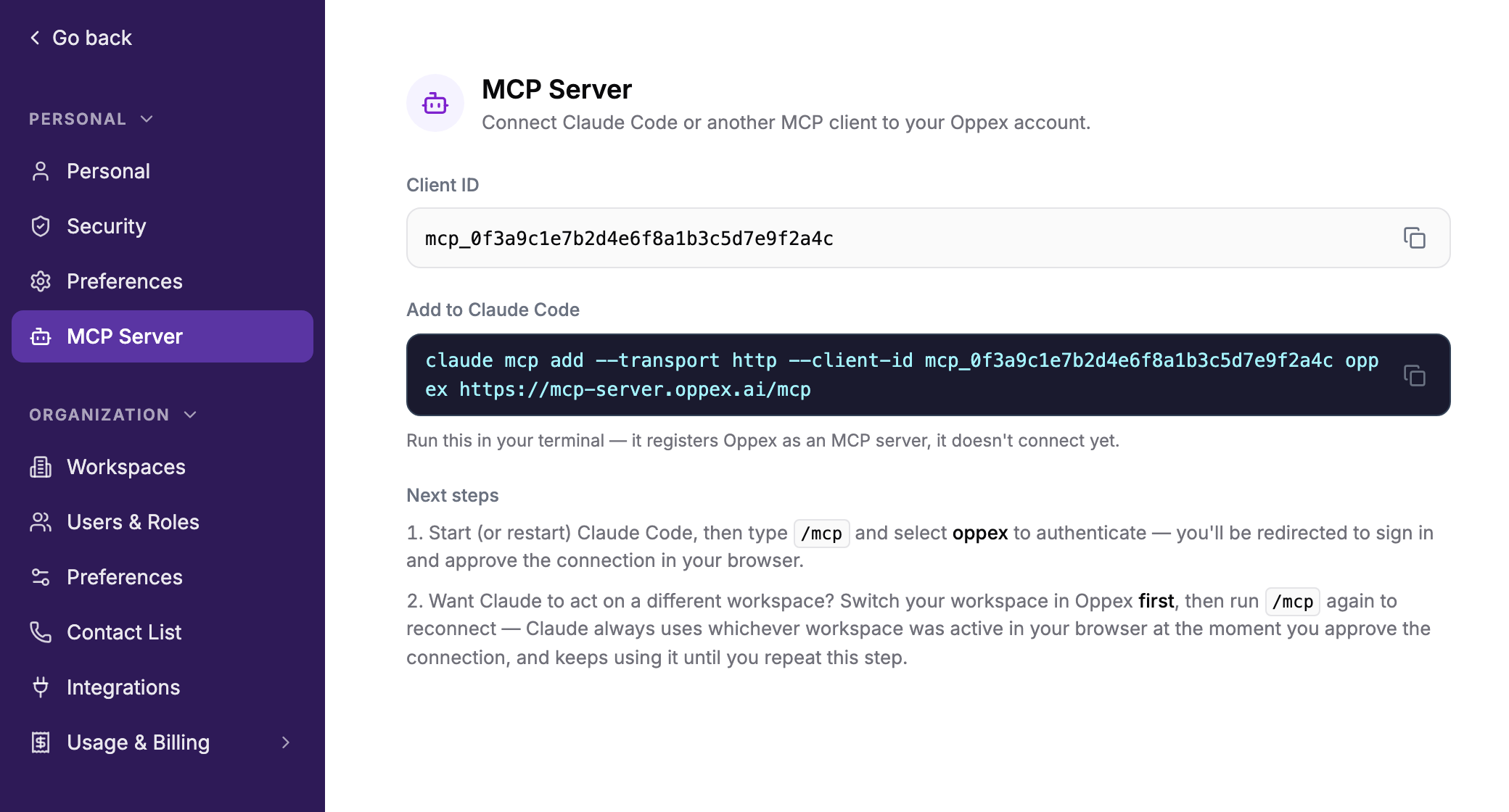 The MCP Server page under Settings → Personal, showing the Client ID, the Add to Claude Code command, and the next steps