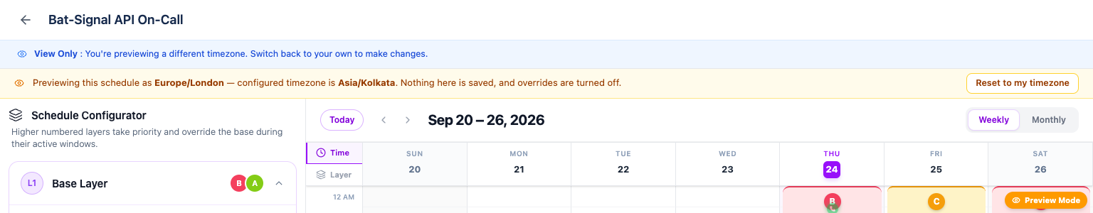 A View Only banner, and a banner reading "Previewing this schedule as Europe/London — configured timezone is Asia/Kolkata. Nothing here is saved, and overrides are turned off," with a Reset to my timezone button