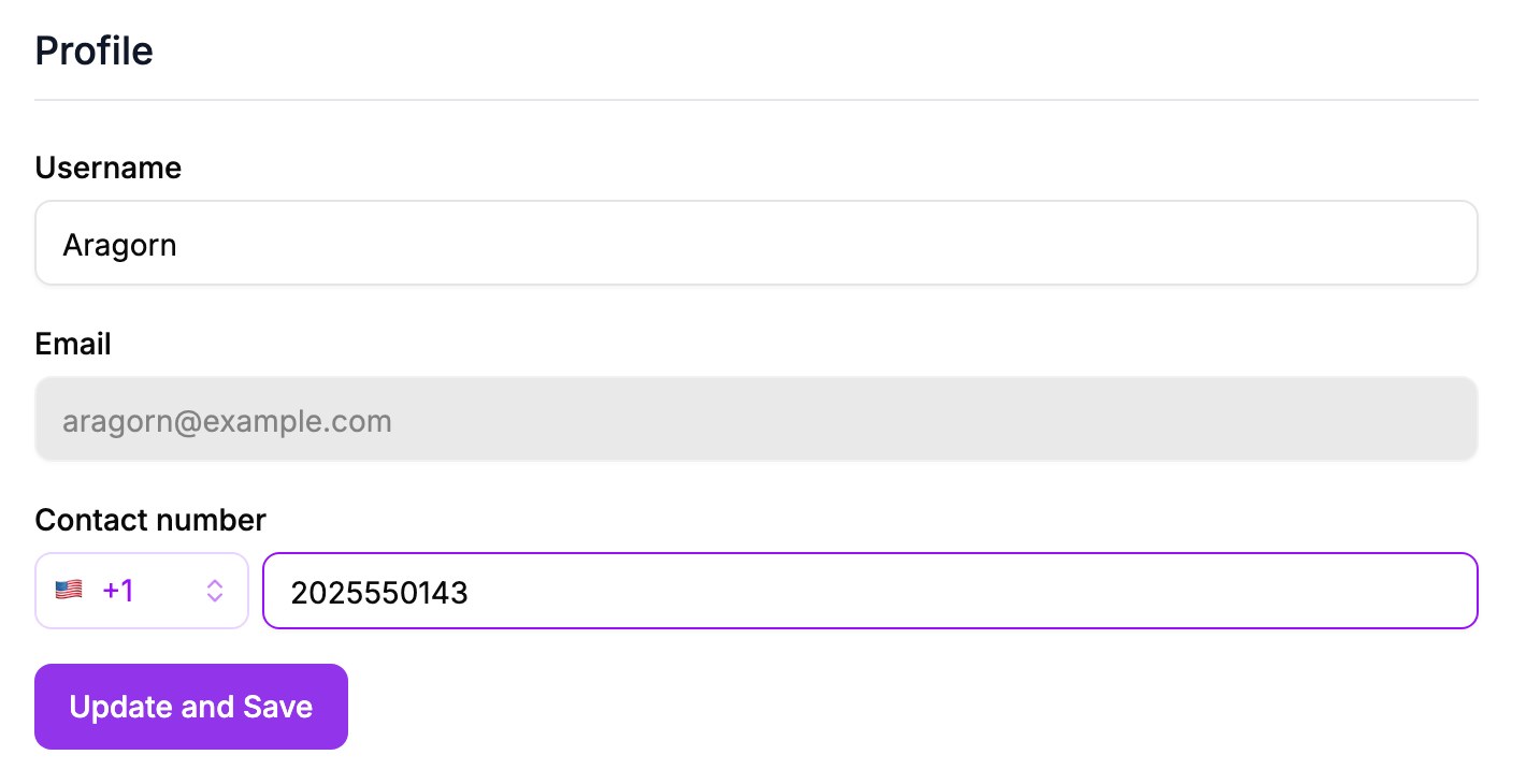 The Profile page with a username, email address, and a contact number with the +1 country code