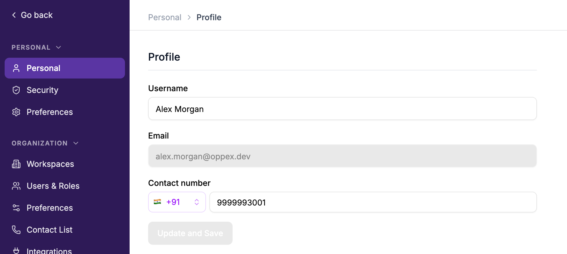 The Profile page under Settings → Personal, showing the Username, Email and Contact number fields and the Update and Save button