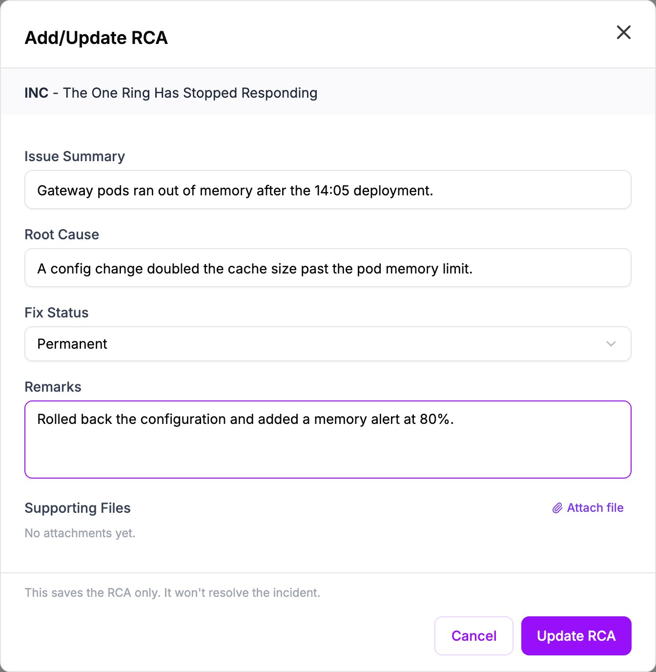 The RCA form filled in with an issue summary, a root cause, Fix Status set to Permanent, and remarks