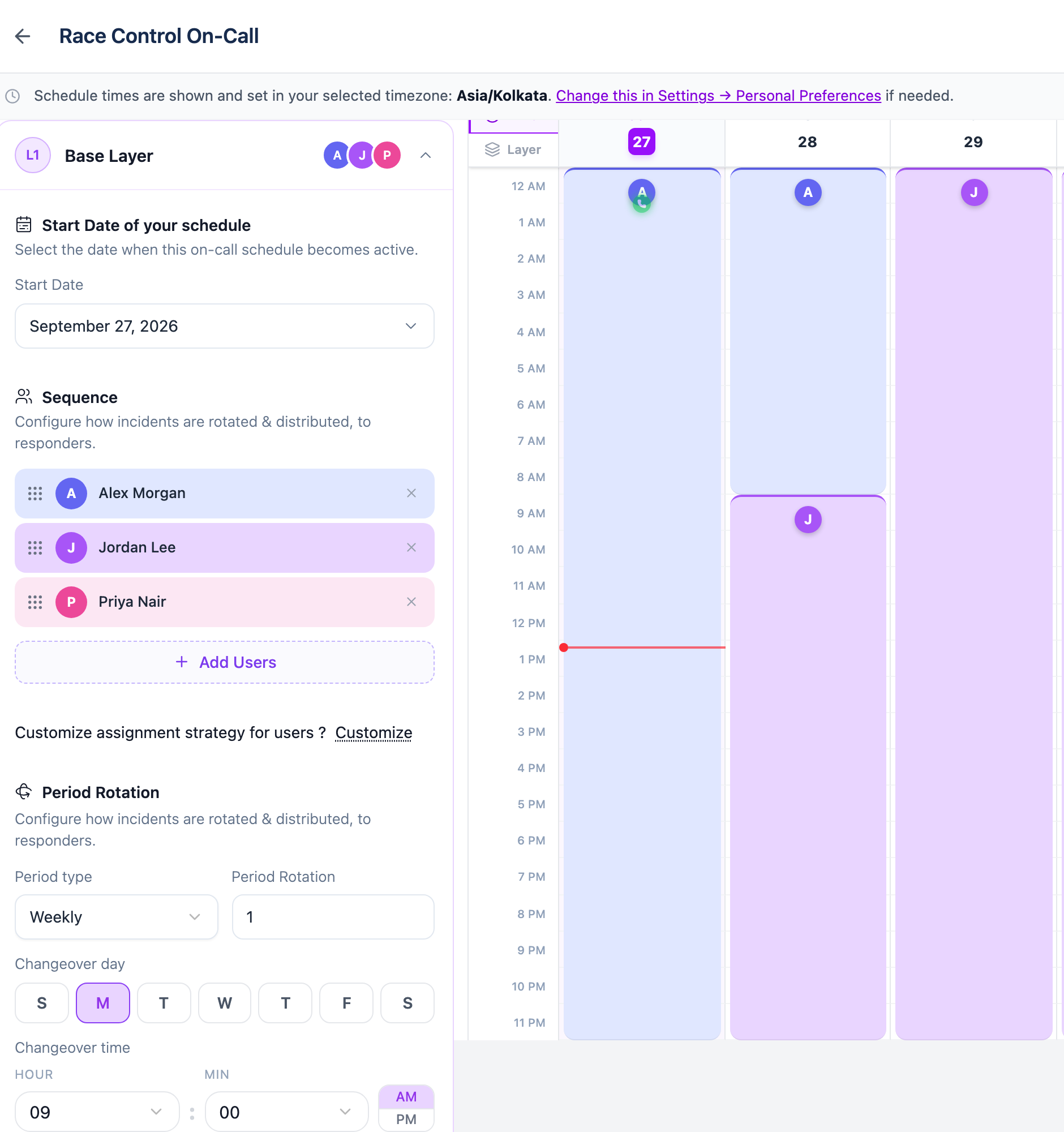The schedule editor for Race Control On-Call, with three people in the base layer rotating weekly on Monday at 9:00 AM, and a preview in which Alex Morgan hands over to Jordan Lee at 9:00 AM on the 28th