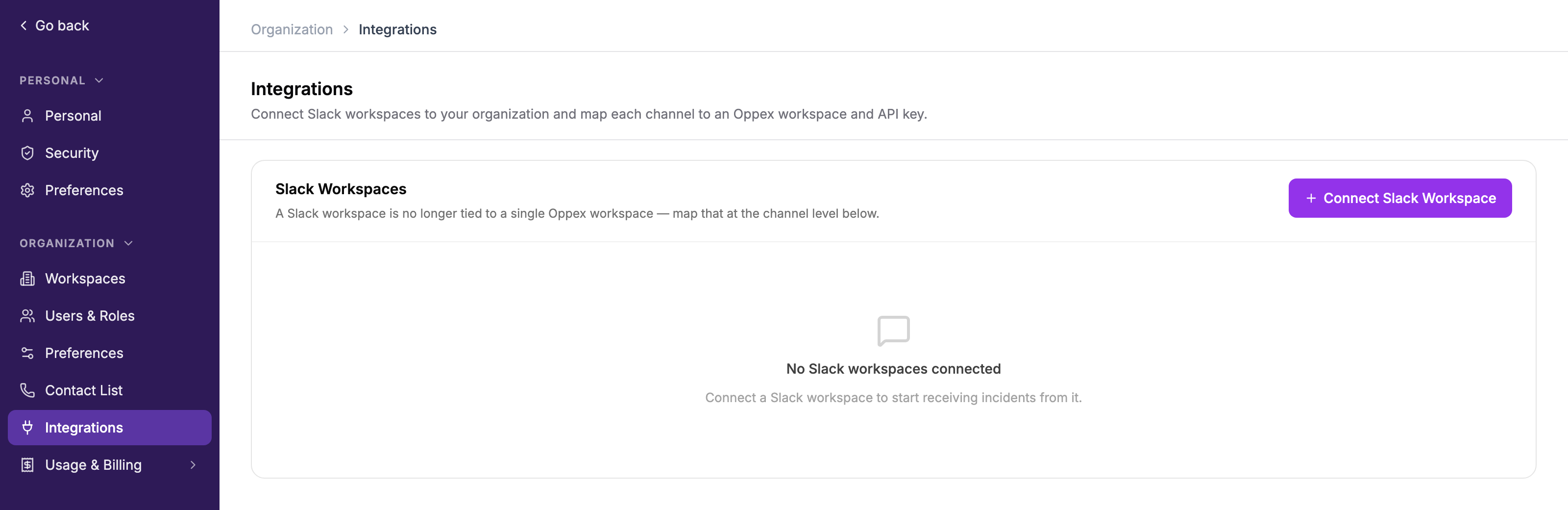 The Integrations page under Settings → Organization, with the Connect Slack Workspace button and no Slack workspaces connected yet