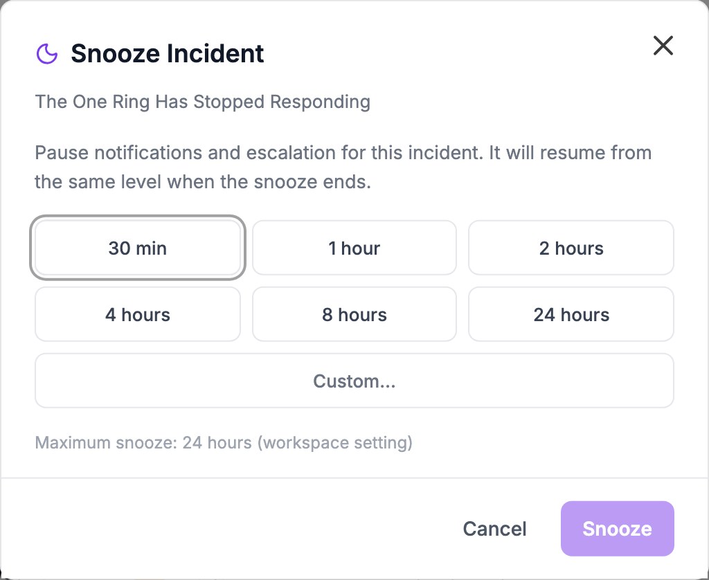 The Snooze Incident dialog with six preset durations and a Custom button