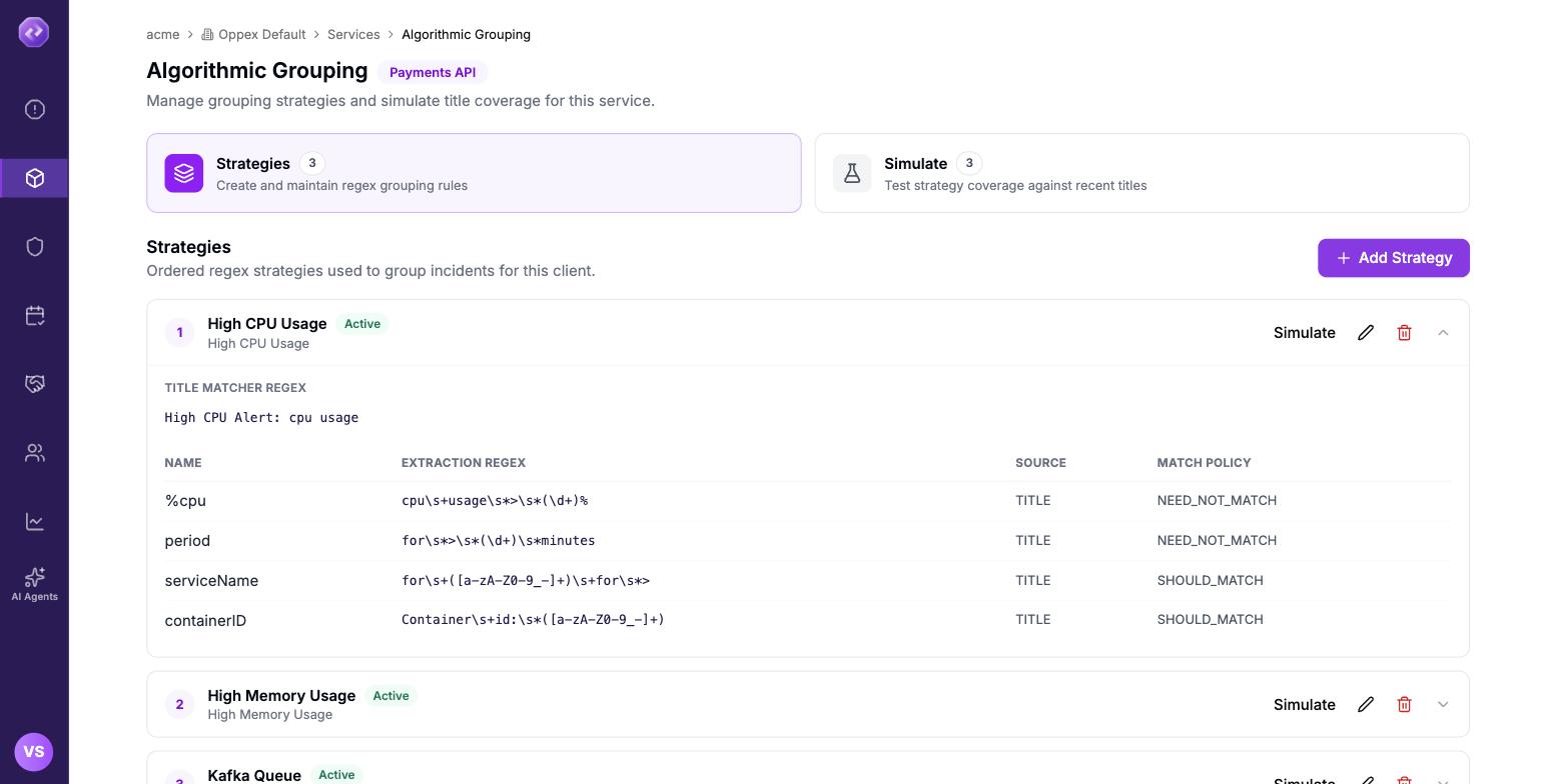 The Algorithmic Grouping page on the Strategies tab. Three strategies are configured, and the first is expanded to show its title matcher regex and its four attributes with their sources and match policies.