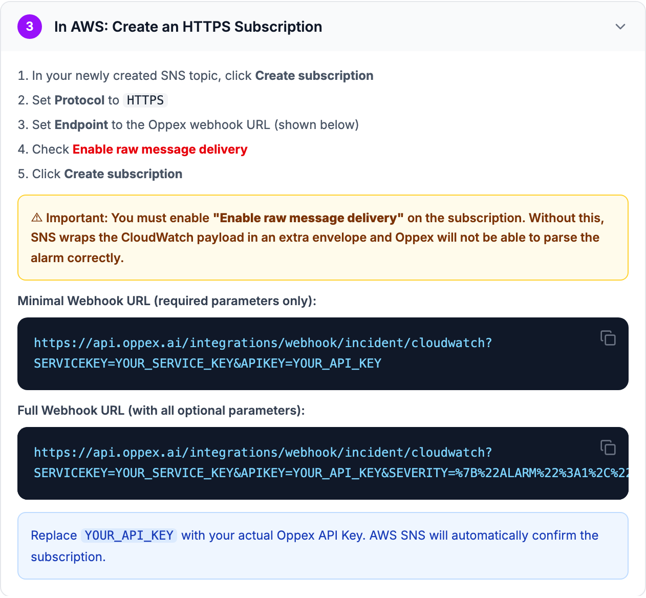 Step 3 of the in-app guide, In AWS: Create an HTTPS Subscription, with the minimal and full webhook URLs and a reminder to enable raw message delivery
