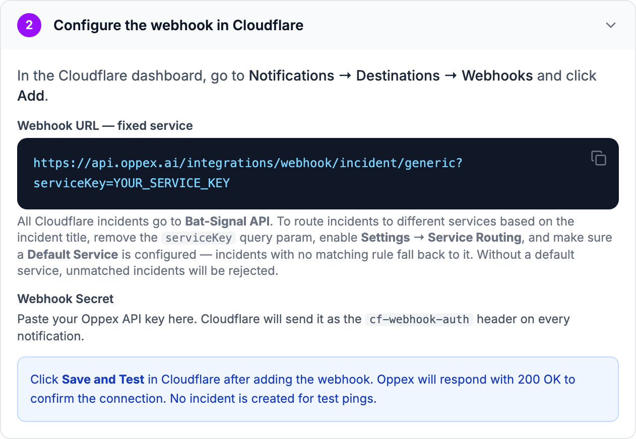 Step 2 of the in-app guide, Configure the webhook in Cloudflare, showing the webhook URL for the Bat-Signal API service and the instruction to paste the Oppex API key as the webhook secret