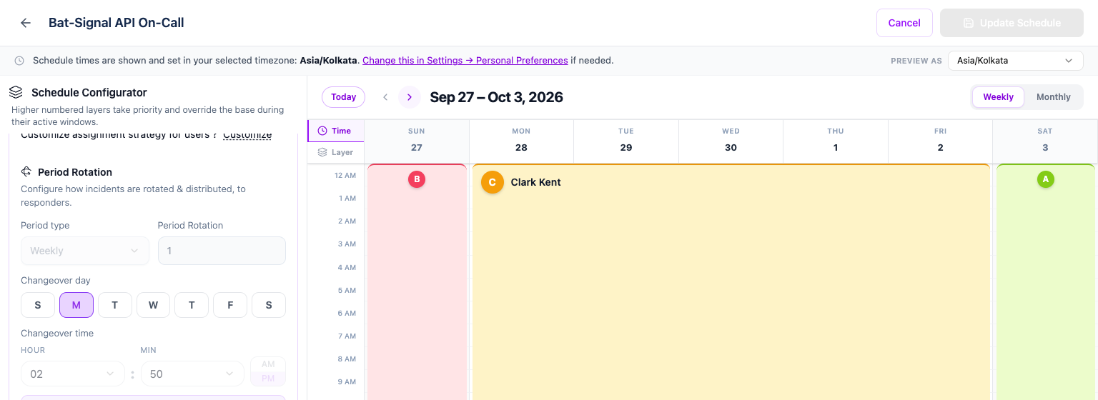 The weekly calendar with two people stacked on the same day under a Notify all layer