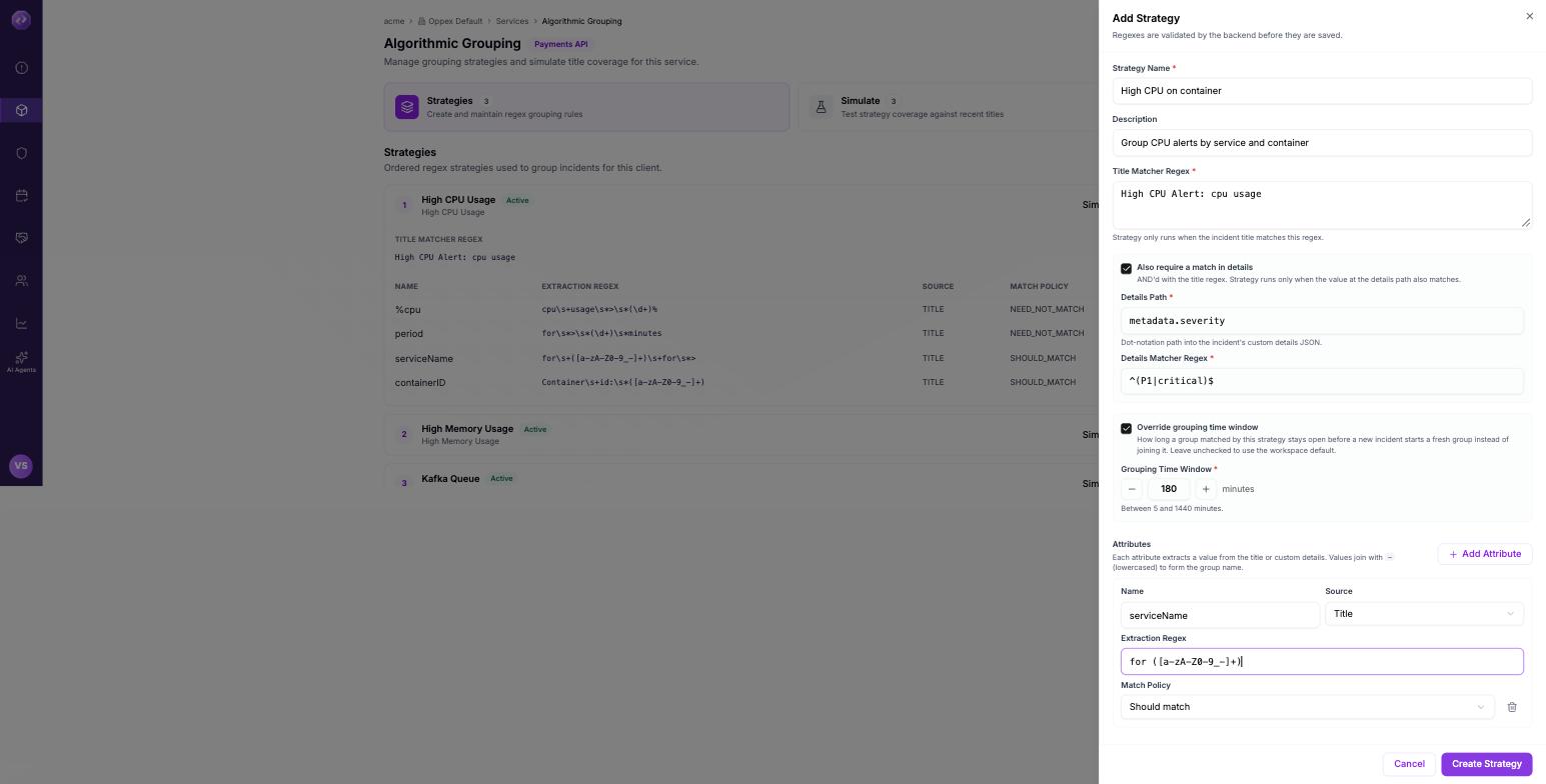 The Add Strategy panel filled in, with both optional sections ticked so the details path, the details matcher regex and the grouping time window are all visible, and one attribute added.
