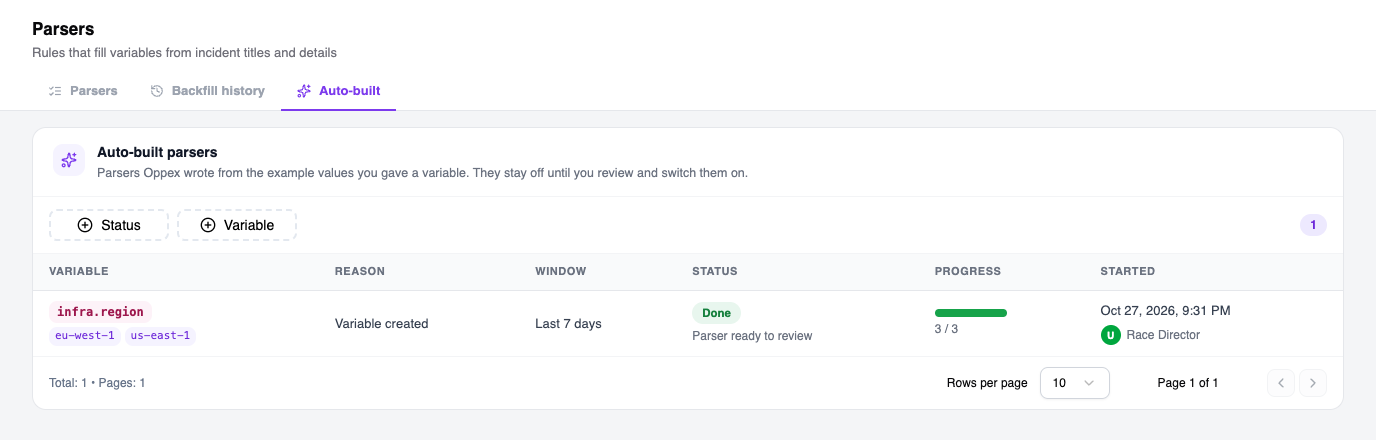 The Auto-built tab of the Parsers page. One run is listed for infra.region with the example values eu-west-1 and us-east-1. Its reason is Variable created, its window is Last 7 days, and its status is Done with the note Parser ready to review.