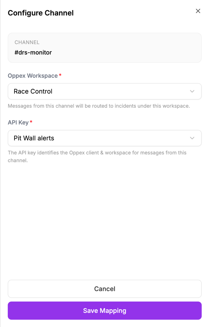 The Configure Channel panel for the drs-monitor channel, with Race Control selected as the Oppex Workspace and Pit Wall alerts selected as the API Key