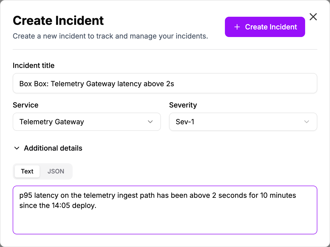 The Create Incident dialog with a title, the Telemetry Gateway service, severity Sev-1, and a text note under Additional details