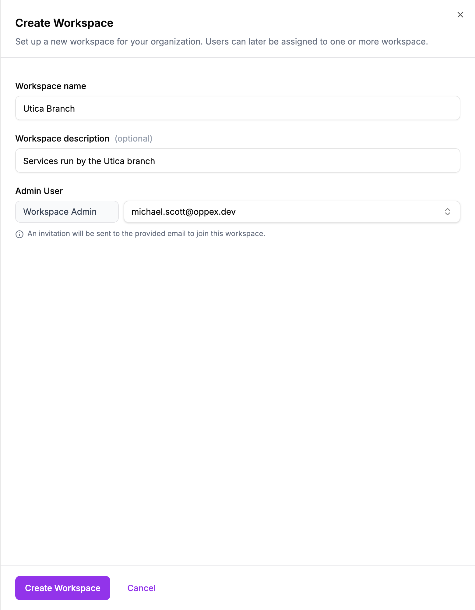 The Create Workspace form filled in with the name Utica Branch, a description, and michael.scott@oppex.dev as the Workspace Admin