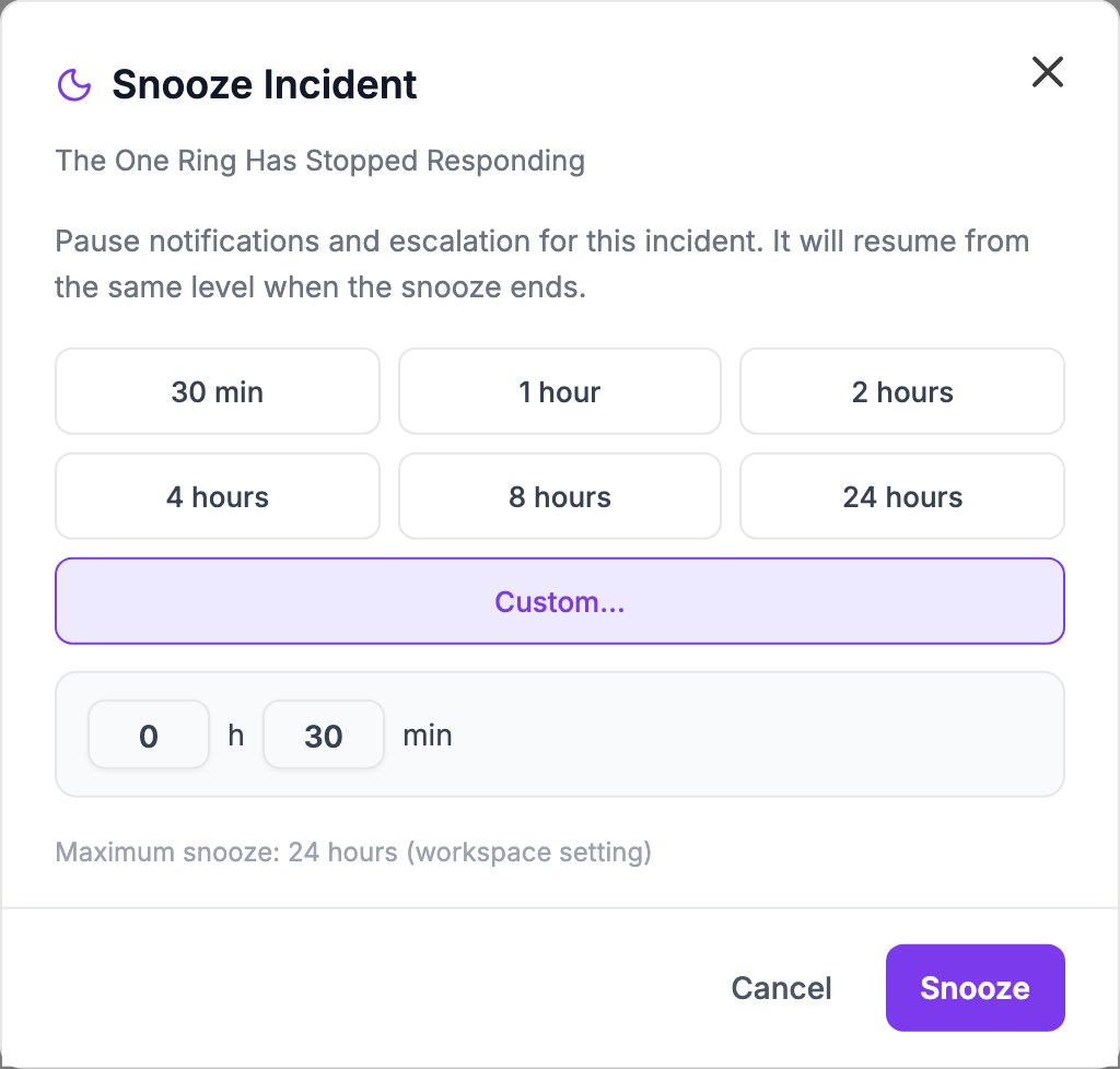 The Snooze Incident dialog with Custom selected, showing fields for hours and minutes set to 0 h 30 min