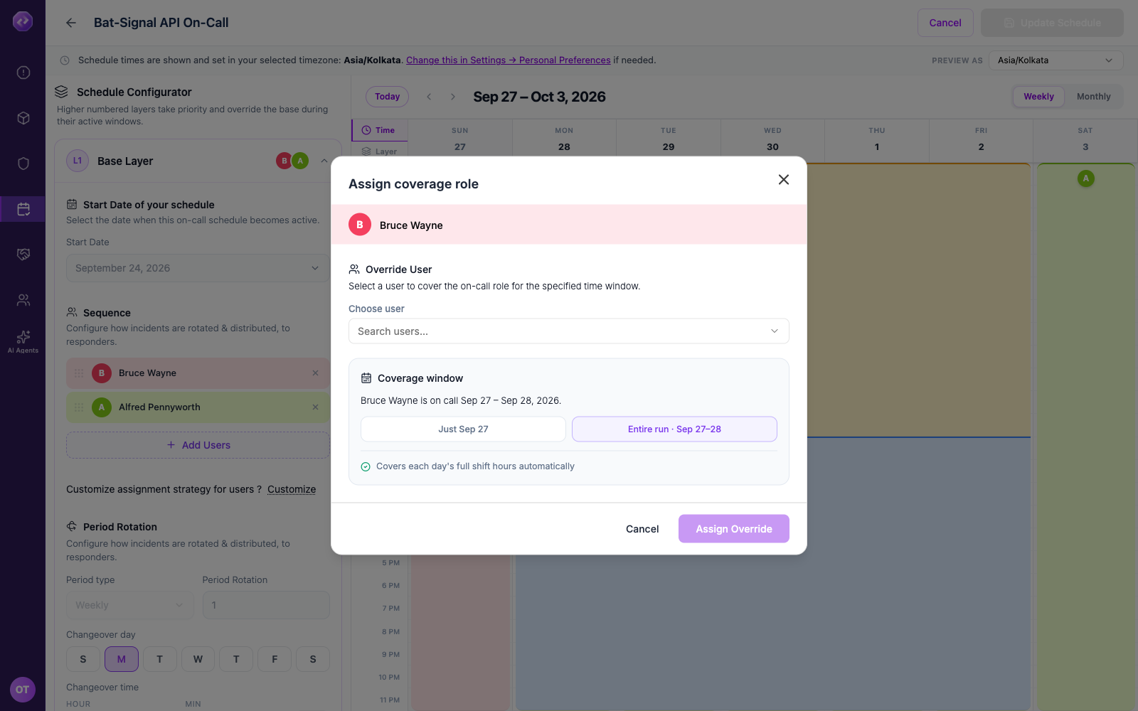 The Assign coverage role dialog with Entire run selected, showing the automatic time window note