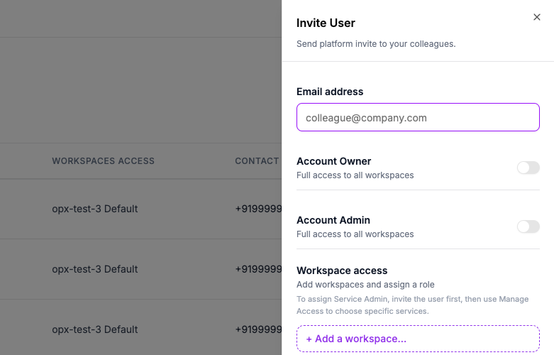 The Invite User dialog with an email address and the access options