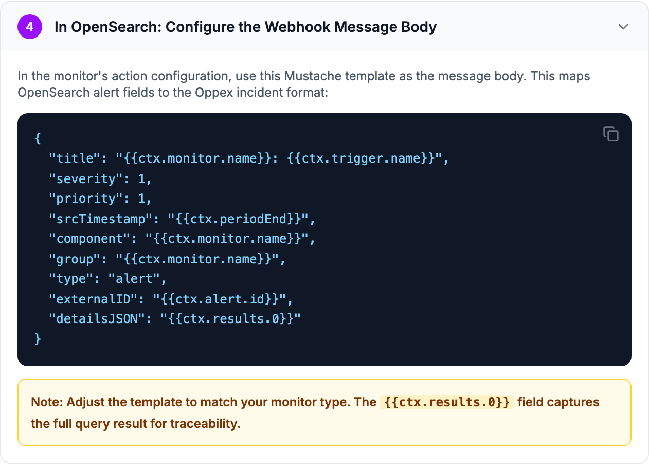 Step 4 of the in-app guide, In OpenSearch: Configure the Webhook Message Body, showing the Mustache template and a note to adjust it to the monitor type