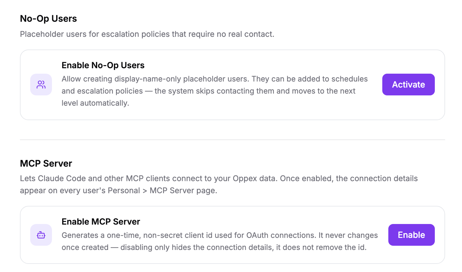 The No-Op Users section with the Activate button, and the MCP Server section with the Enable button