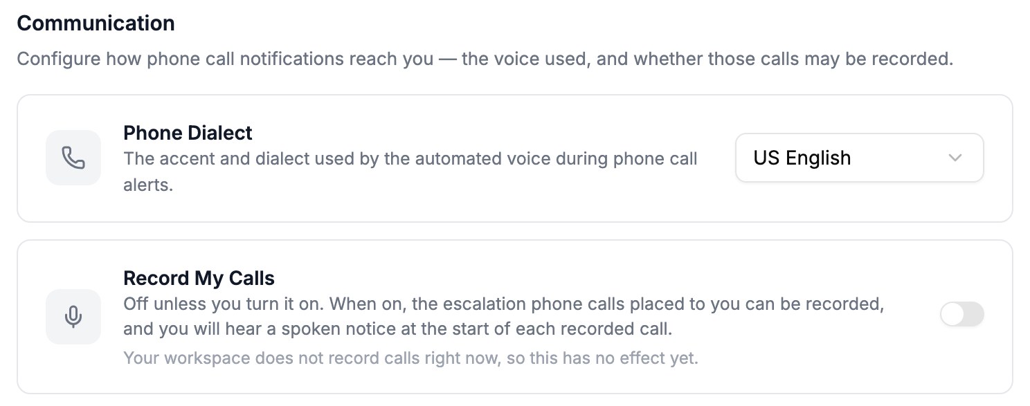 The Communication section of Personal Preferences with Phone Dialect set to US English and Record My Calls turned off
