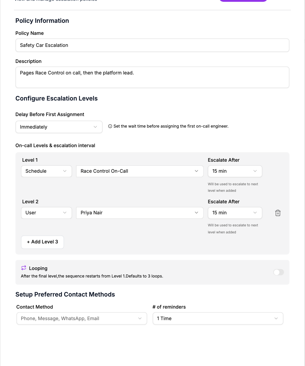 The Create Escalation Policy form for Safety Car Escalation: Level 1 is the Race Control On-Call schedule, Level 2 is Priya Nair, each escalating after 15 minutes, with all four contact methods and one reminder