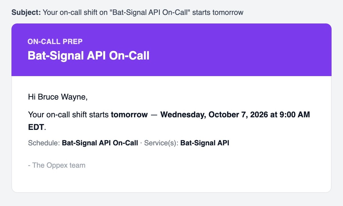A shift reminder email for the Bat-Signal API On-Call schedule, starting tomorrow at 9:00 AM EDT.