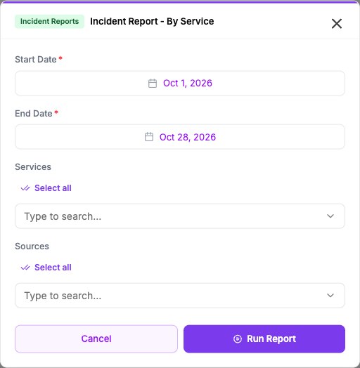 The Run Report window for Incident Report - By Service with the start date set to Oct 1, 2026 and the end date set to Oct 28, 2026