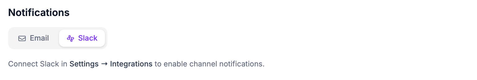 The Notifications section of the Edit Service dialog with the Slack tab selected, before a Slack workspace is connected