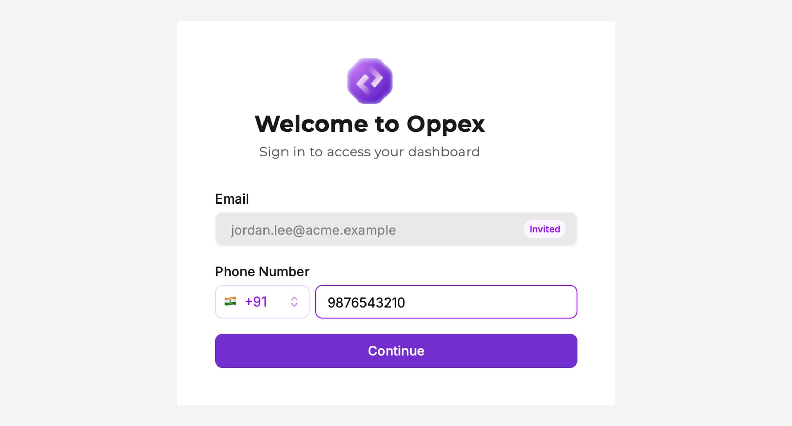 The first signup step. The Email field is locked and marked Invited, and the Phone Number field has a country code selected and a sample number entered.