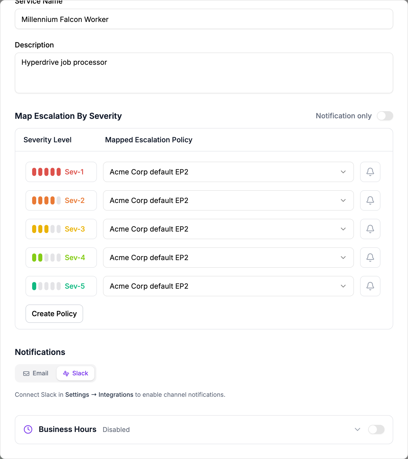 The Slack tab of Edit Service showing the message Connect Slack in Settings → Integrations to enable channel notifications