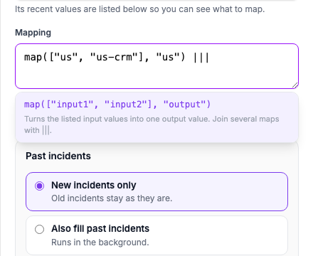 The Mapping box holding one map followed by |||. The caret is after the bars, and a list below the box offers the map function with its signature and a short description.