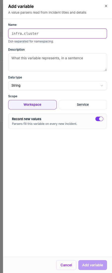 The Add variable panel with a name field, a description, a data type of String, a scope of Workspace and the Record new values switch turned on.