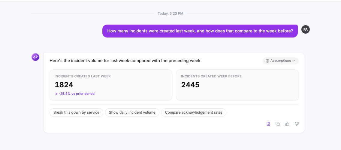An answer with two tiles, 1824 incidents created last week and 2445 the week before, a change of minus 25.4 percent, and suggested follow-up questions